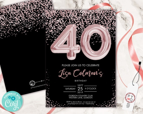 DIY 40th Birthday Pink Foil Balloon Confetti Invitation Printable Template, Black Pink Balloon Glitter Editable 40 Birthday Party Invitation