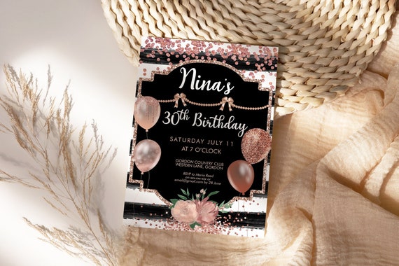 Rose Gold Birthday Balloons Invitation Printable Template, Black White Stripes Glitter Editable Birthday Party Invitation, Printable Card