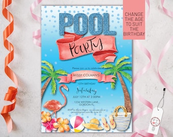 Any Age Birthday Tropical Pool Party Invitation Printable Template, Flamingo Editable Invite, Beach Ball Palm Tree Card, Teen Summer Party