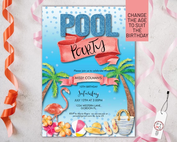Any Age Birthday Tropical Pool Party Invitation Printable Template, Flamingo Editable Invite, Beach Ball Palm Tree Card, Teen Summer Party