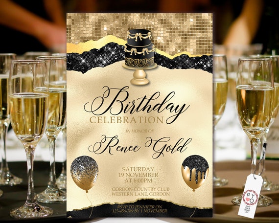 Black Gold Cake Birthday Invitation Printable Template, Disco Gold Glitter Editable Party for Women, Any Age Invite, Sequins Balloons Foil
