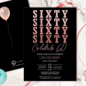 DIY 60th Birthday Glitter Invitation Printable Template, Sixty Rose Gold Glitter Editable Birthday Party Invitation for Women, Printable