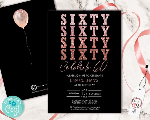 DIY 60th Birthday Glitter Invitation Printable Template, Sixty Rose Gold Glitter Editable Birthday Party Invitation for Women, Printable