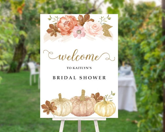 Fall Gold Bridal Shower Welcome Sign, Autumn Floral Personalized Bridal Shower Sign, Welcome Sign for Bridal Shower, Pumpkins gold glitter