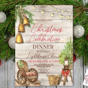 May include: Christmas Celebration Dinner invitation on a wooden background. The invitation features watercolor illustrations of bells, a small Christmas tree, a lantern, and a wagon. The text reads "Christmas Celebration Dinner" and includes event details.