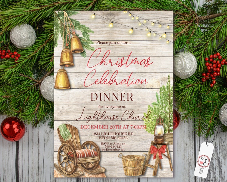 May include: Christmas Celebration Dinner invitation on a wooden background. The invitation features watercolor illustrations of bells, a small Christmas tree, a lantern, and a wagon. The text reads "Christmas Celebration Dinner" and includes event details.
