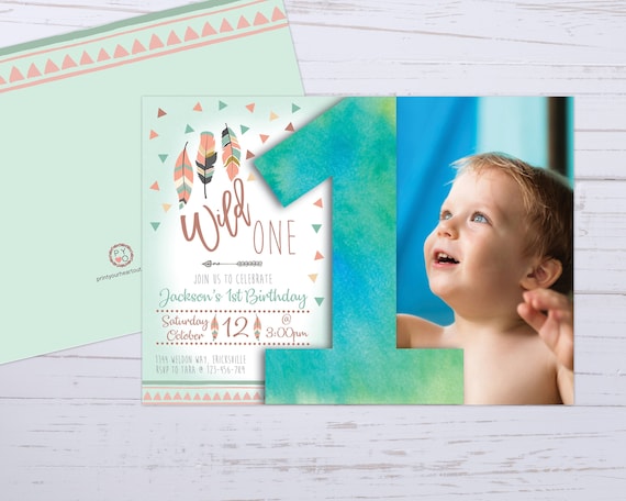 Wild One Boy 1st Birthday Photo Feather Invitation Printable Template, One Editable Birthday Invitation for Boys, Number 1st First Birthday