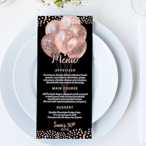 Rosegold Glitter Balloons Menu, DIY Editable Menu, Menu Cards, Printable Menu, Party Menu, Party Menu, Menu Download, Birthday Menu