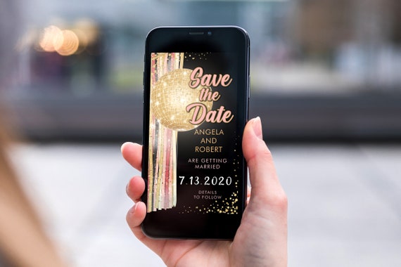 Pink Gold Disco Ball Save the Date, Electronic Invite, Glamorous 80s Theme Wedding, Smart phone SMS Digital Editable template, Eco Friendly