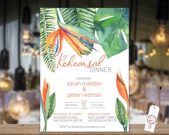 Bird of Paradise Rehearsal Dinner Card, Monstera Greenery, Orange Invitation, DIY Printable Card, Tropical Date Claimer, Practice Wedding