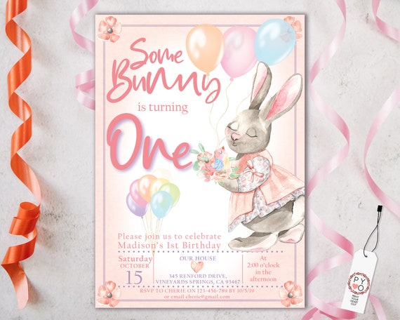 1st Birthday Some Bunny is One Invitation Printable Template, One Editable Invitation, Pink Rabbit Balloons First Birthday, Pastel Floral