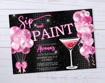 Sip and Paint Neon Pink Cocktails Balloons Birthday Invitation Printable Template, Horizontal Bright Pink Black Diamonds Sparkle Invite