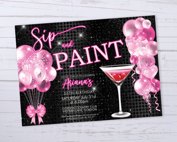 Sip and Paint Neon Pink Cocktails Balloons Birthday Invitation Printable Template, Horizontal Bright Pink Black Diamonds Sparkle Invite