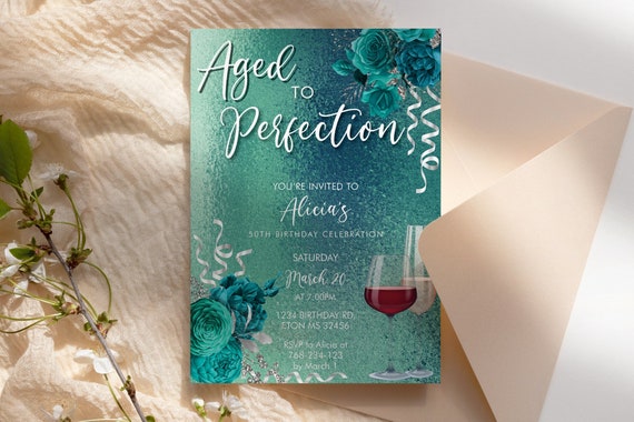 Wine Birthday Invitation Aqua Teal Template, Aged to Perfection Rose Editable Birthday Party Invite Women, Printable Champagne Glass Invite