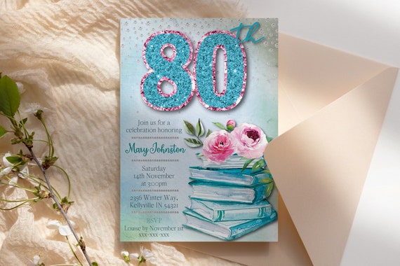 Aqua 80th Birthday Invitation Printable Template, Books Roses Pink Teal Editable Birthday Party Invitation for Women, Glitter Watercolor