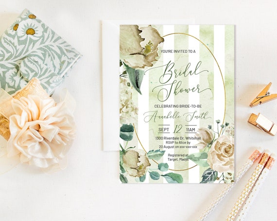 Green Stripe Floral Bridal Shower Invitation, Romantic Invitation,  Flowers Invitation, Watercolor Invitation, Pastel Stripes DIY Printable