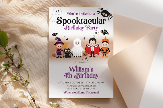 Halloween Cute Costumes Kids Birthday Invitation Template, Spider Ghost Bat Party Invite, Printable Spooky Fright Night Spooktacular