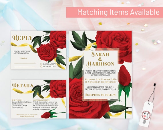 Red Roses Wedding Invitation Set, Beauty Beast Theme Suite, Rehearsal Invitation, Watercolor Red Invitation, Printable, Editable Template