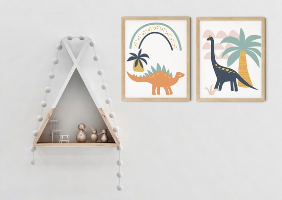 Modern Boys Dinosaur Art Print Set | Printable Nursery Art | Rainbow Navy Kids Room | Baby Room Wall | Boy Nursery Decor | Set 2 Prints