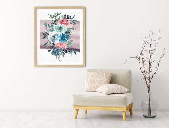 Mauve Blue Floral Greenery Art Digital Print | Printable Plant Art | Still Life Art Print | Bouquet Plant Wall Art | Big Flower Leaf Print