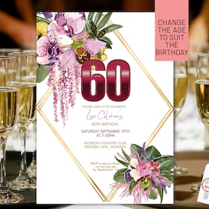 Elke leeftijd nummer tropische orchideeën roze lila bloemen uitnodiging afdrukbare sjabloon, goud bewerkbare verjaardagsfeestje uitnodigen vrouwen, afdrukbare kaart