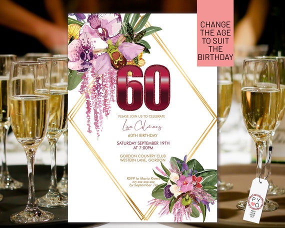 Any Age Number Tropical Orchids Pink Lilac Floral Invitation Printable Template, Gold Editable Birthday Party Invite Women, Printable Card