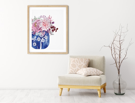 Blue Hamptons Vase Floral Art Digital Print | Printable Flowers Art | Still Life Art Print | Pink Botanical Wall Art | Blue China Print