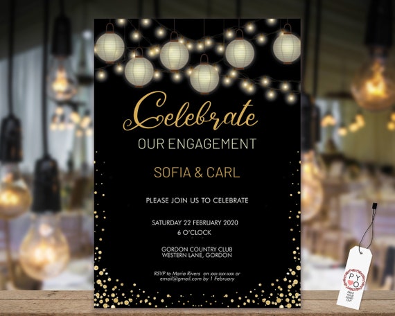 White Gold Lanterns Engagement Invitation, Printable Invitation, Gold Glitter Invite, Couples Shower, Wedding Invite, Modern Paper Lanterns