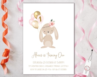 1st Birthday Bunny Balloons Invitation Printable Template, One Editable Invitation, Blush Rabbit Balloons First Birthday, Pastel Floral