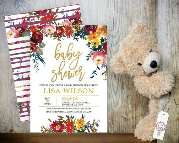 Fall Floral Baby Shower Invitation, Autumn Shower Invitation, Printable Baby Shower, Editable Template, Watercolor Baby Shower, Gold Glitter