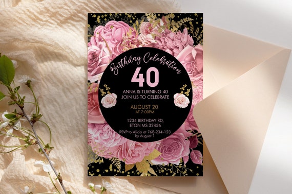 Pink Roses Flowers Invitation Printable Template, Gold Confetti Editable Birthday Party Invitation for Women, Pastel Blush Floral Invite