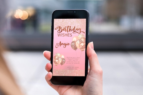 Pink Rosegold Glitter Electronic Birthday, Smartphone SMS Digital Editable template, EcoFriendly, Electronic Balloon eCard Birthday Greeting