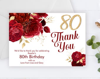 Red Gold Glitter Floral Birthday Thank You Card, Red Roses Thanks