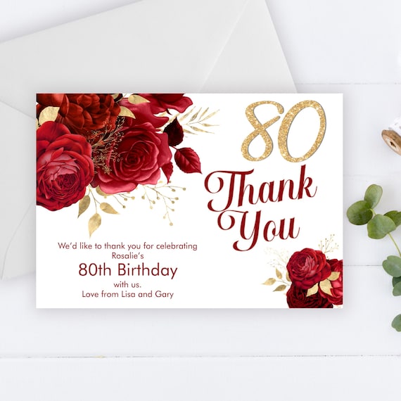 Red Gold Glitter Floral Birthday Thank You Card, Red Roses Thanks