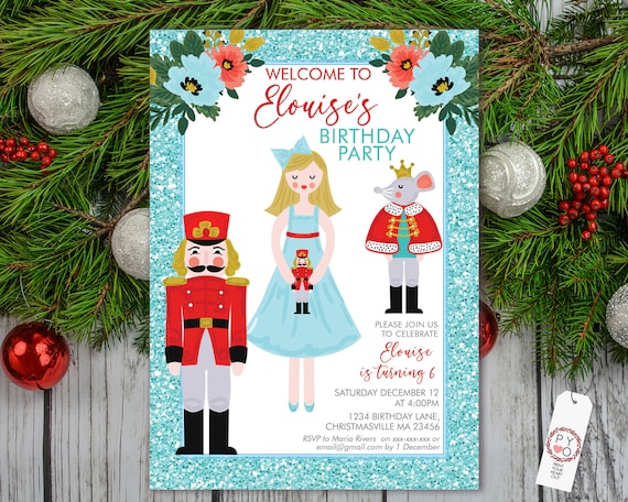 Blue Red Nutcracker Birthday Christmas Party Invitation, Aqua Gold Mouse Invite, Kids Invite, Children Xmas Party, Girls Xmas Celebration