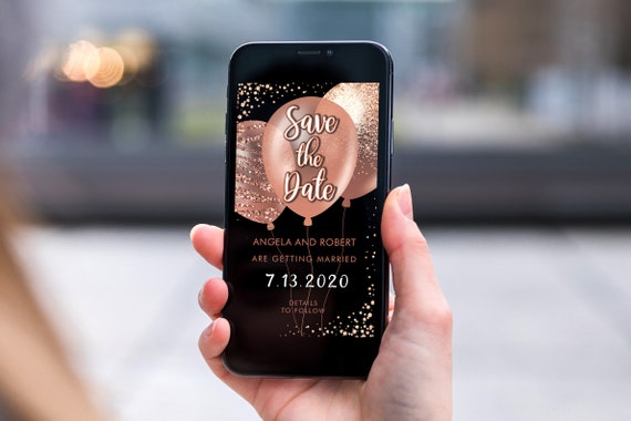 Rosegold Glitter Balloons Save the Date, Electronic Invite, Copper Blush Wedding, Smart phone SMS Digital Editable template, Eco Friendly