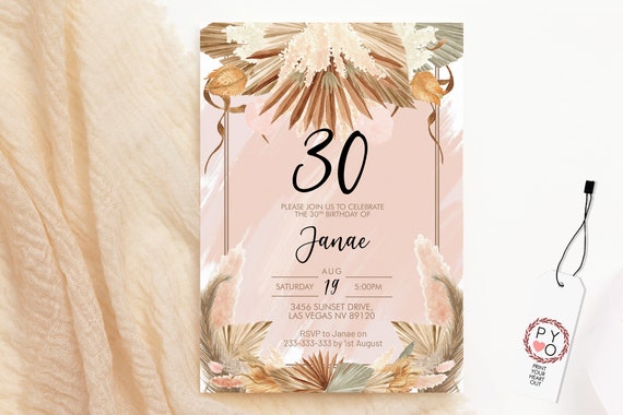 Pink Dried Foliage Birthday Invitation, Boho Palm Leaf Invitation, Printable Lunch Dinner Party, Tropical Floral Editable Template for Women