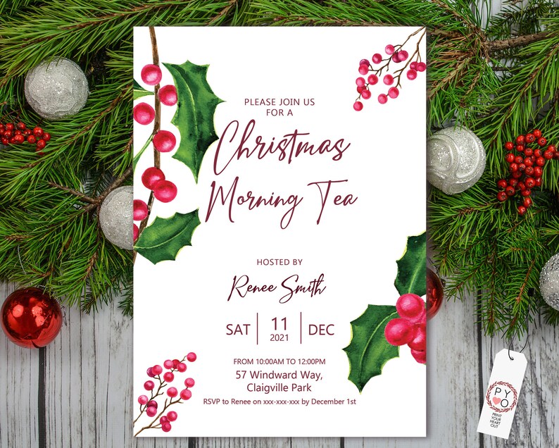 May include: A white invitation card for a Christmas Morning Tea hosted by Renee Smith on Saturday, 11 December 2021, from 10:00 am to 12:00 pm at 57 Windward Way, Claigville Park, featuring watercolour illustrations of green holly leaves and red berries.