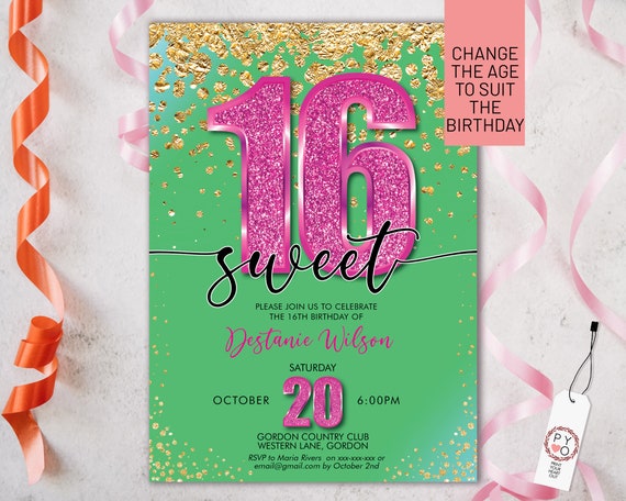 Sweet 16 Pink Glitter Number Party Invitation Printable Template, Gold Glitter Green Editable Invite, 16th Birthday,  Any age, change date