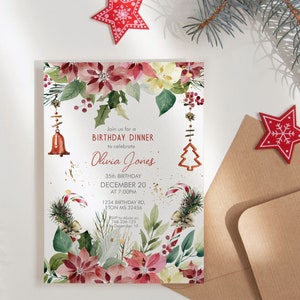 Red Poinsettia Floral Birthday Christmas Invitation (Digital Download) bild 2
