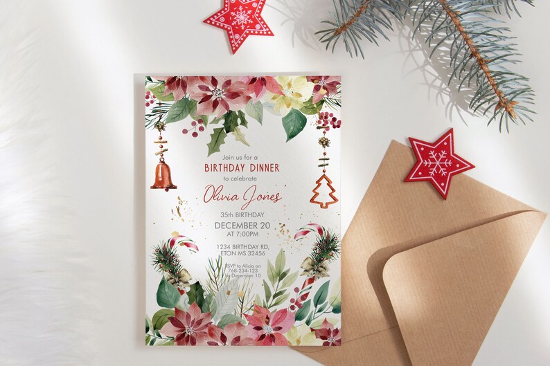 Red Poinsettia Floral Birthday Christmas Invitation (Digital Download) bild 2