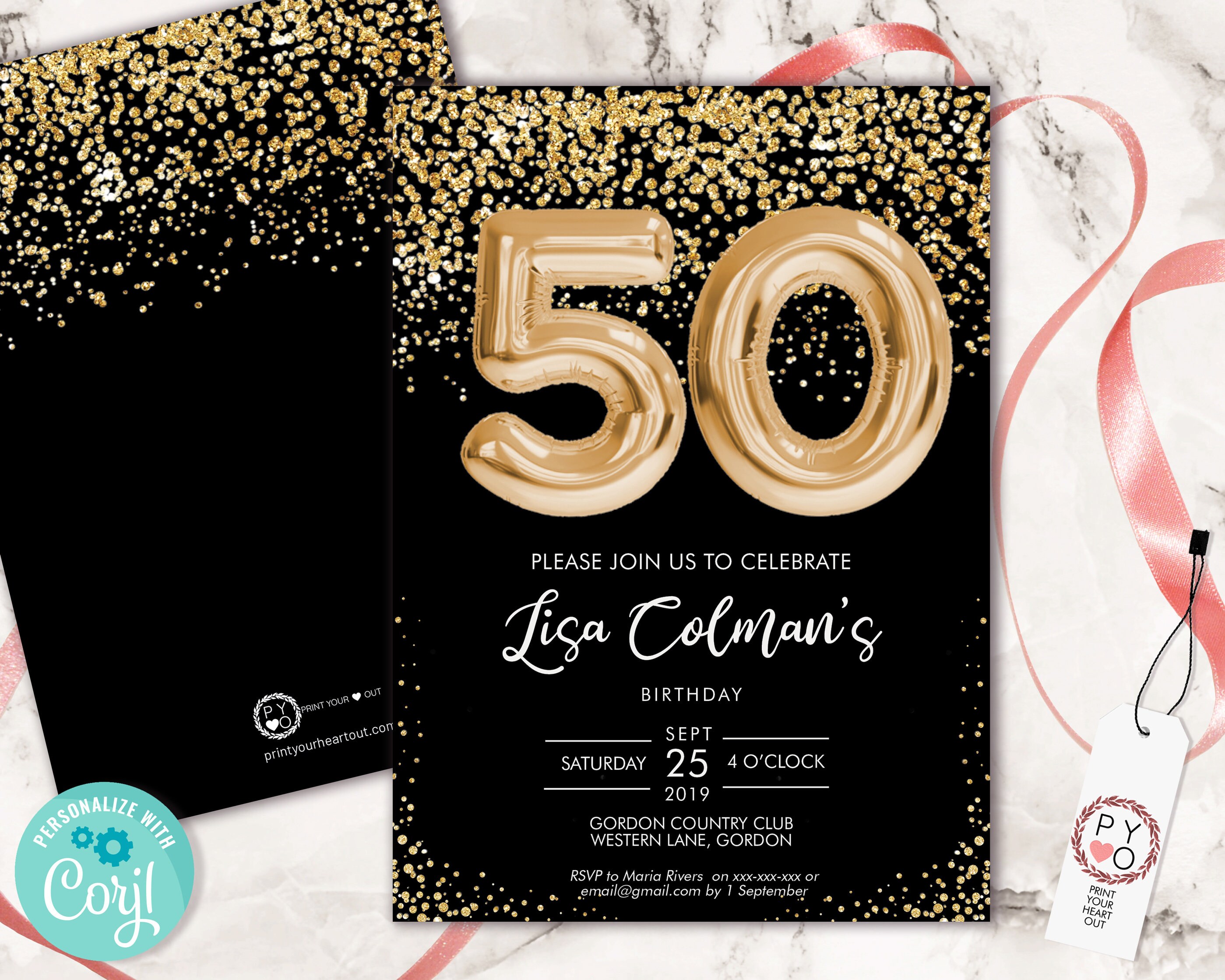 DIY 50th Birthday Foil Balloon Confetti Invitation Printable Template 