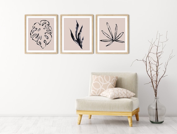 Tropical Blush Black Art Print Set | Printable Palm Monstera Art | Art Print | Botanical Wall Art | DIY Living Room Wall Art | Set 3 Prints