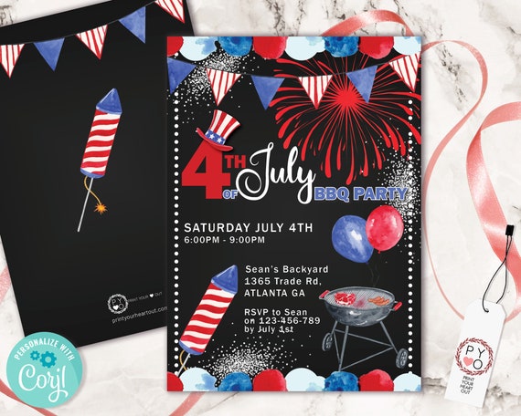 4th of July Fireworks BBQ Invitation Printable Template, Red White Blue Editable Party Invite Backyard Independence Day Picnic American Flag