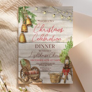 May include: A Christmas Celebration Dinner invitation with watercolor illustrations. The design features gold bells, a wooden cart, a lantern, and the text "Christmas Celebration Dinner" on a wood-grain background.