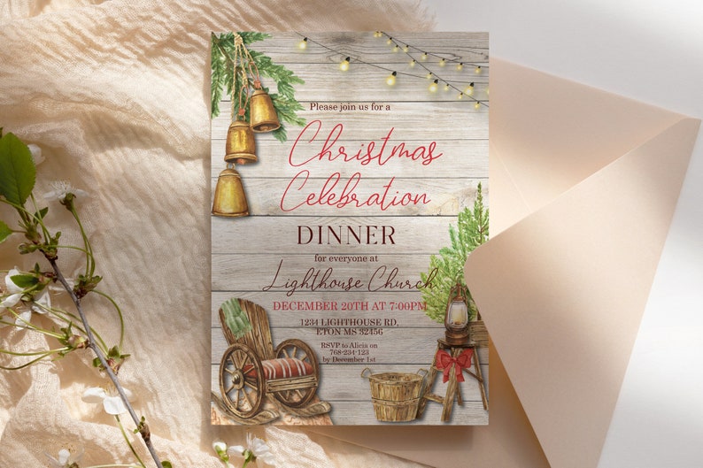 May include: A Christmas Celebration Dinner invitation with watercolor illustrations. The design features gold bells, a wooden cart, a lantern, and the text "Christmas Celebration Dinner" on a wood-grain background.