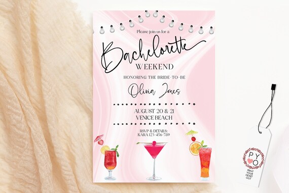 Pink Bachelorette Weekend Invitation, Weekend Itinerary Template Editable Digital Download, Cocktail Drinks Bachelorette Evite, Blush Detail