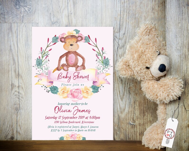 May include: Pink baby shower invitation with a watercolor illustration of a monkey wearing a flower crown. The invitation includes the text "Baby Shower" and "Please join us".