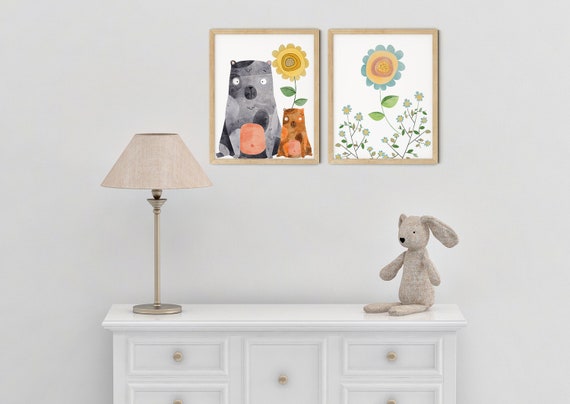 Modern Boho Bears Art Print Set | Printable Nursery Art | Yellow Flowers Kids Room | Baby Room Wall | Girl Nursery Decor | Set 2 Prints