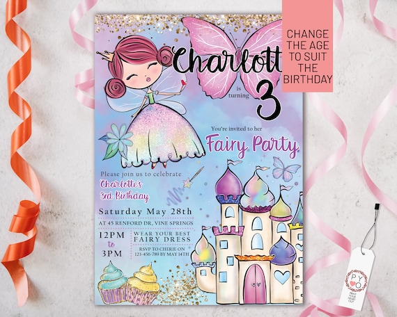 Fairy Princess Birthday Invite for girls, Butterfly Castle, Gold Glitter, Editable Any Age Invitation, Cupcake Sprinkles, Pretty Fairy Party